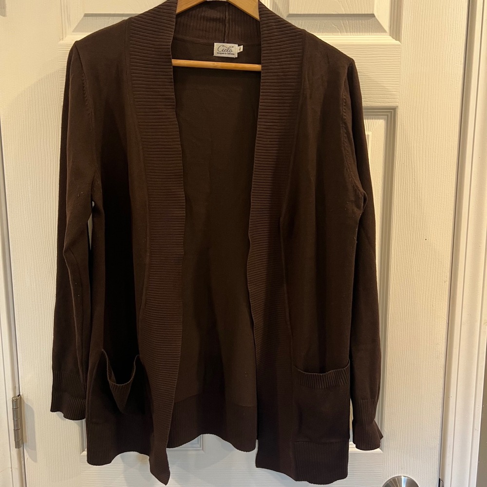 Cielo Brown Open Front Cardigan Sweater Womens XL Ribbed Shawl Collar Pockets